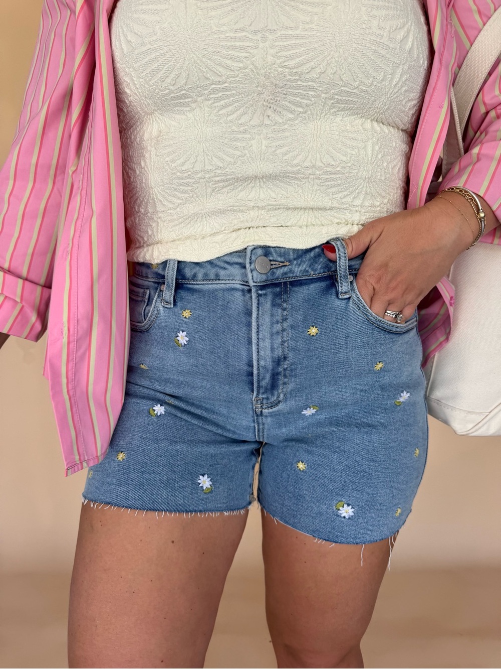 Denim Embroidered Daisy High-Rise Women's Shorts - Blue